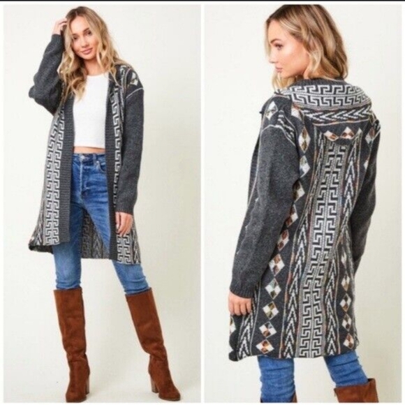 Northern Angel Charcoal Gray Native Aztec Western Boho Hooded Cardigan Sz Small - Picture 1 of 7